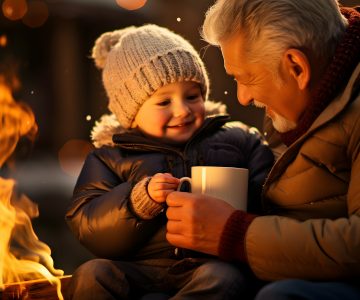 grandparent and grandchild sharing a cup of hot cocoa